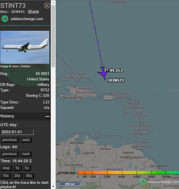 vcdgf555's tweet photo. Not a bad region of the world to do a "stint."

Alphabet soup agency team transport (🕵️🤫) returning from somewhere (likely) in the Caribbean.

🇺🇸 STINT73 is a C-32B using hex code #AE0443, associated with registration 00-9001. https://t.co/Lif7ROhHCW