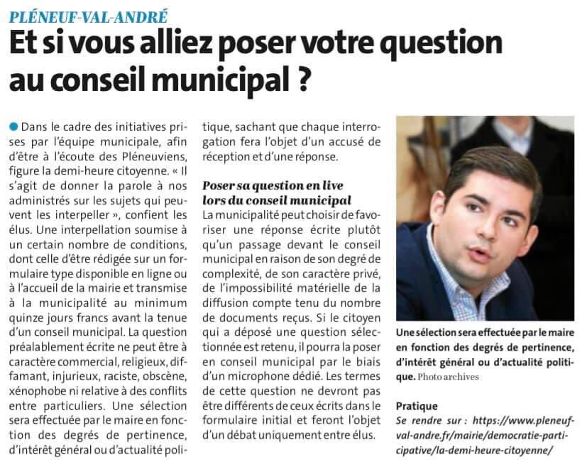 [DEMIE-HEURE CITOYENNE] 🗣🎤🏫

📌 La question doit être transmise quinze jours francs avant le conseil municipal. Les formulaires sont en ligne sur internet et à l’accueil de la mairie. <a href="/TLGLamballe/">Le Télégramme Lamballe</a>