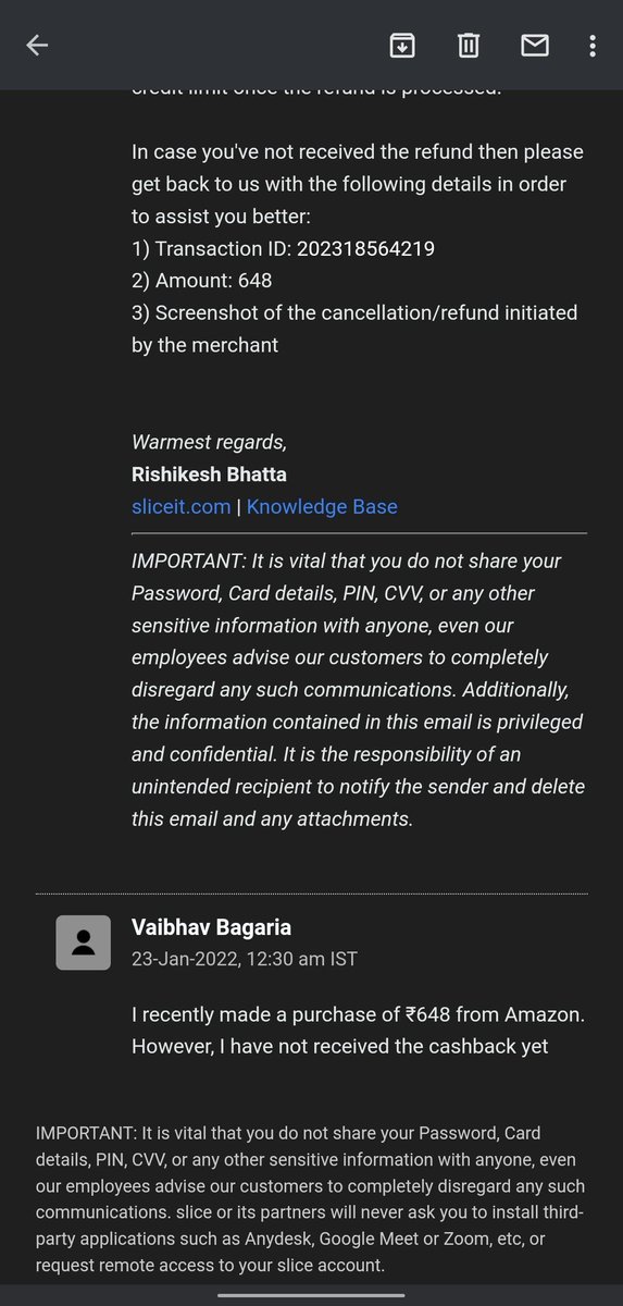 VBagaria9's tweet photo. Hi @sliceit_ ,
As much as I've liked your product, your CX team seems pretty incompetent to even properly "read" user issues. 
Refund ≠ Cashback 💁🏻‍♂️
@slice_cares https://t.co/iC534uCa8o