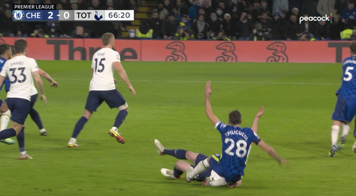 Matchday365's tweet photo. Multiple Tottenham players seemed to rugby tackle Cesar Azpilicueta in the box.

The referee called a foul against Azpilicueta. https://t.co/fVqLyBxpQM
