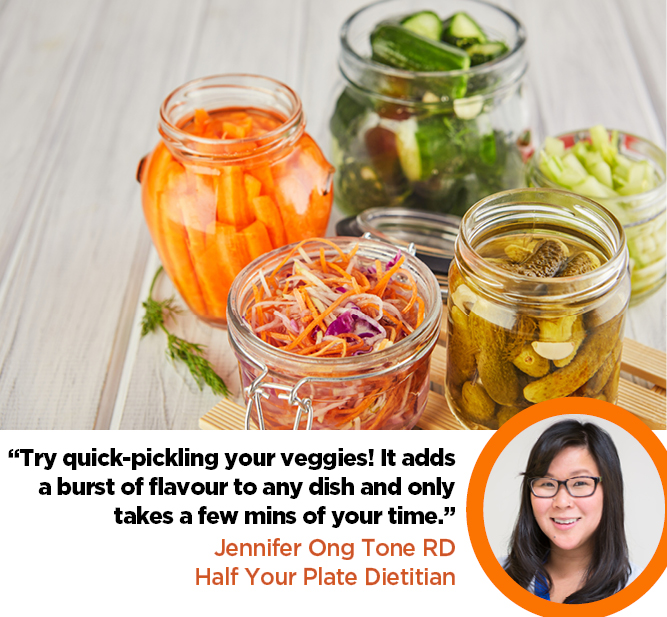 🥗 Have you ever tried to quick-pickle your veggies? It’s an easy process that only takes a few mins and adds a burst of flavour to any dish. Try quick-pickled veggies on salads, sandwiches, pizzas, and wraps. 

#halfyourplate #dietitianapproved  #VeggieTip #PickledVeggies
