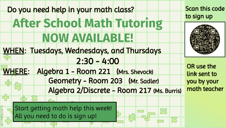 BCSDBrunswickHS's tweet photo. Need help in Algebra, Geometry, Algebra II or Discrete Math? After school tutoring begins 1/25 Tutoring will take place on Tuesdays, Wednesday, &amp; Thursdays. Details, scan code. Students must sign up daily to attend! @BHSPetryAP @BHSPerryAP @BHSKoviAP @BHSSchmidtAP @BHSMrsPizon https://t.co/0MnVDF9KMZ