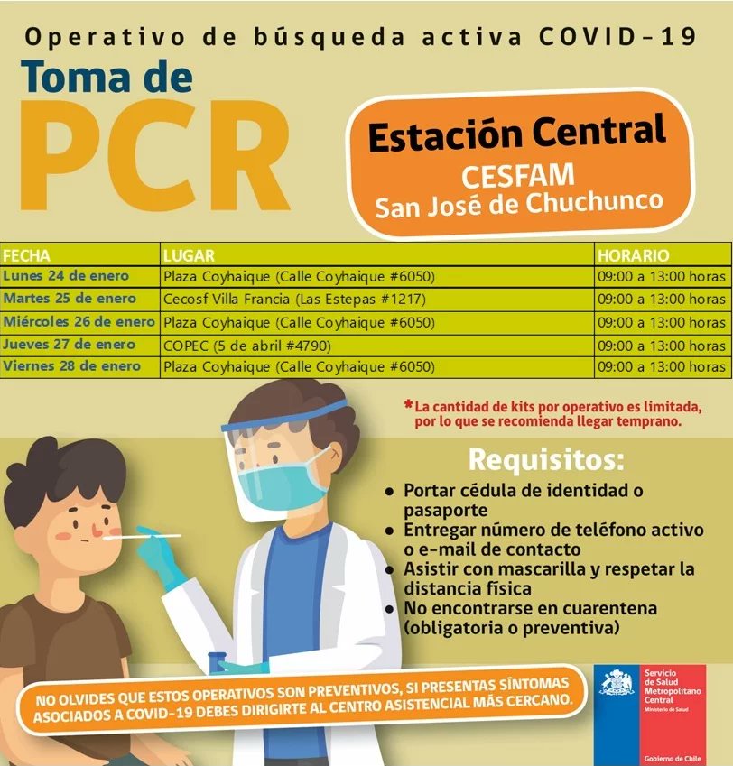 #SomosSaludCentral || Compartimos con ustedes información de Operativos de Búsqueda Activa #COVID_19 de los CESFAM de nuestra red en la comuna de <a href="/muniecentral/">#EstacionCentral</a>
 
¡Testéate! ¿Lugares y horarios? Aquí 👇👇