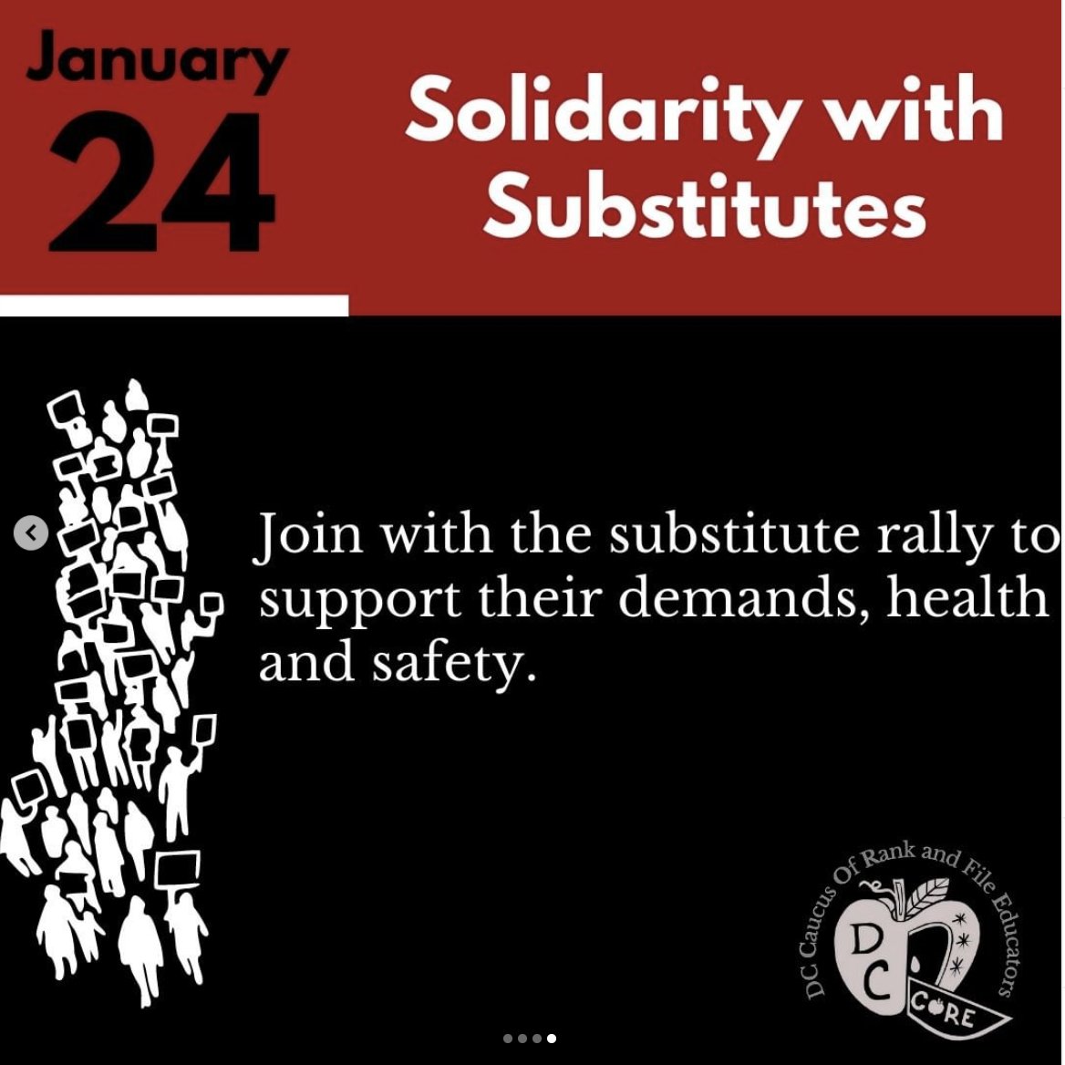DC_CORE's tweet photo. Join in solidarity with our substitute teachers who are rallying every Monday for a hard earned raise at the Wilson Building from 8:15-9:30am. Substitute teachers are crucial for keeping our schools operational. @MayorBowser should not shortchange them. https://t.co/0KxDf8eSAM