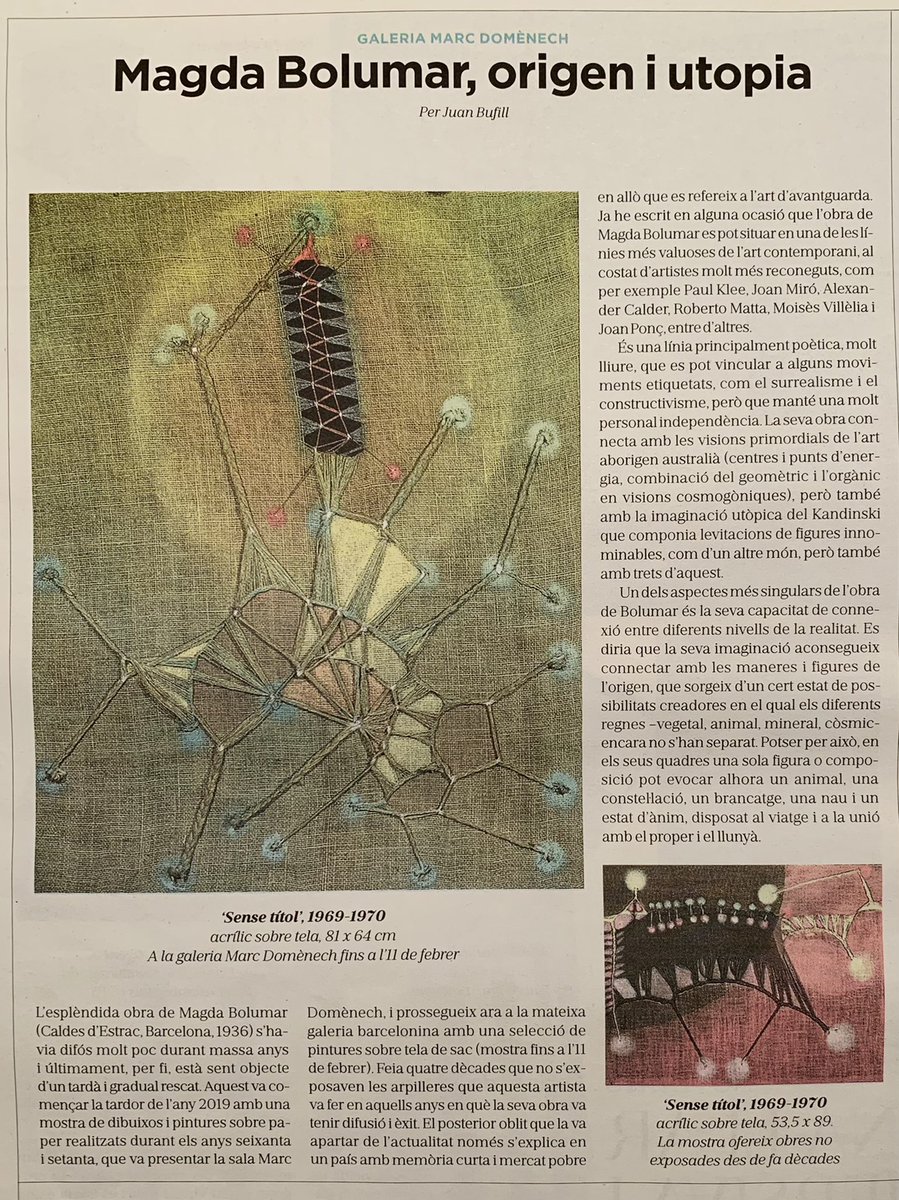 galeriadomenech's tweet photo. ‘Magda Bolumar, origen i utopia’ (#JuanBufill)

“L’esplèndida obra de #MagdaBolumar (…) s’havia difós molt poc durant massa anys i últimament, per fi, està sent objecte d’un tardà i gradual rescat.”

Via @LaVanguardiaCAT 
#GaleriaMarcDomènech #Barcelonaart #Visitalesgaleries https://t.co/GGK2ho6aCC
