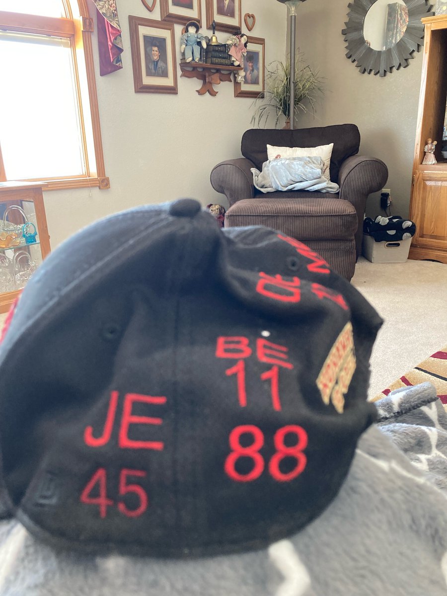 LoganLearns01's tweet photo. My Grandpa's Coe football hat! He has the initials and jersey numbers of his son and grandkids that played football for the Kohawks! #Edu219 https://t.co/kUkMIcyXqZ