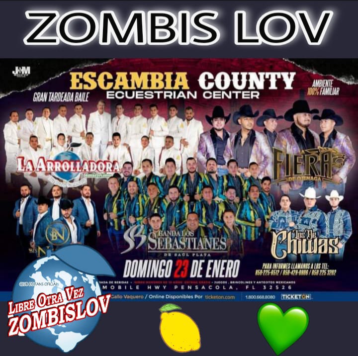 catypromos's tweet photo. 🔊 ¡¡ H O Y !! 
Domingo 2️⃣3️⃣ de Enero
 La 💚 A R R O L L A D O R A 🍋
Banda El Limón de Don René Camacho 💚🍋 se presenta en:

🔸ESCAMBIA COUNTY ECUESTRIAN CENTER. 🇱🇷

Presentando su TOUR:

"EN CONTRA DE MI VOLUNTAD" 🎶🕺🏻

#Arrolladora 🤤🕺🏻❤️ 
#ZombisLOV 🍋 💚 
#YoSoyArrollaFan🤩 https://t.co/wTN0RYAxkZ