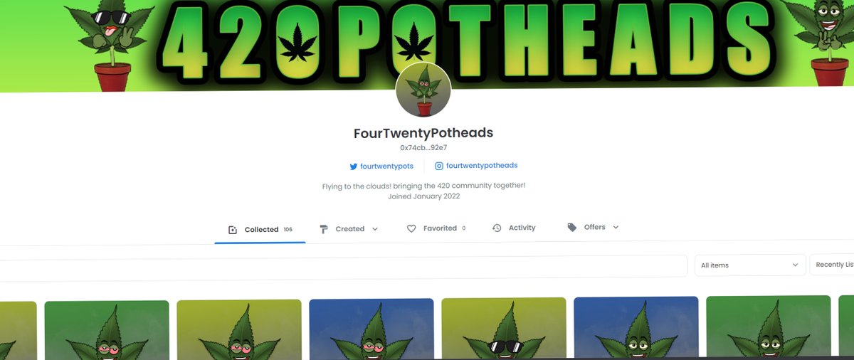 Fourtwentypots's tweet photo. First 1000 members will receive a free PotHead! Finally available on opensea!

Follow on twitter, discord and like on opensea!

https://t.co/i7ruqjt0Ji

https://t.co/8nMJmFt5Dt

https://t.co/NygxW9blvO

#nft #nftart #nftcommunity #nfts #nftcollector https://t.co/NYntWtNuxy