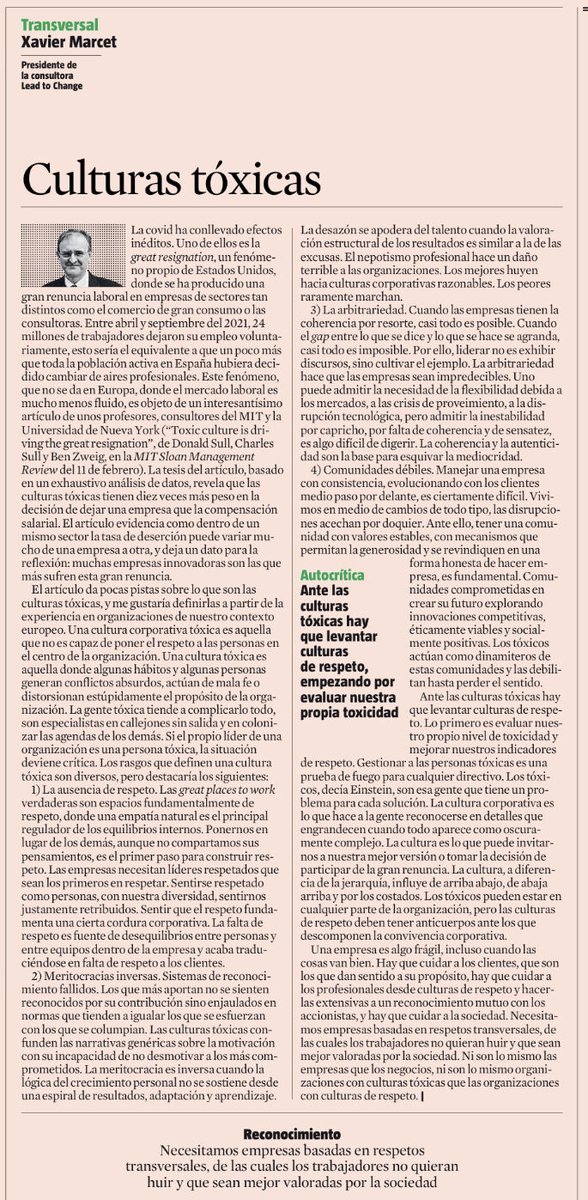 AndresOrtega's tweet photo. “Una cultura tóxica es aquella que no es capaz de poner el respeto a las personas en el centro de la organización”
“…es aquella donde algunos hábitos y algunas personas generan conflictos absurdos…”
Imprescindible lectura de esta joya de @XavierMarcet
#5stars #4reading https://t.co/RoM0SZlfIs