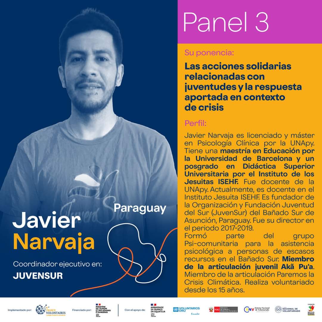 ConavOpy's tweet image. Seminario Internacional Virtual
&quot;EnLAzando el voluntariado en Latinoamérica&quot;
Nuestro compañero Javier Narvaja participará como ponente en el panel 3 el día jueves 27 de enero. Expondrá sobre las acciones solidarias relacionadas con juventudes
#Paraguay #CONAVOpy #Voluntariado