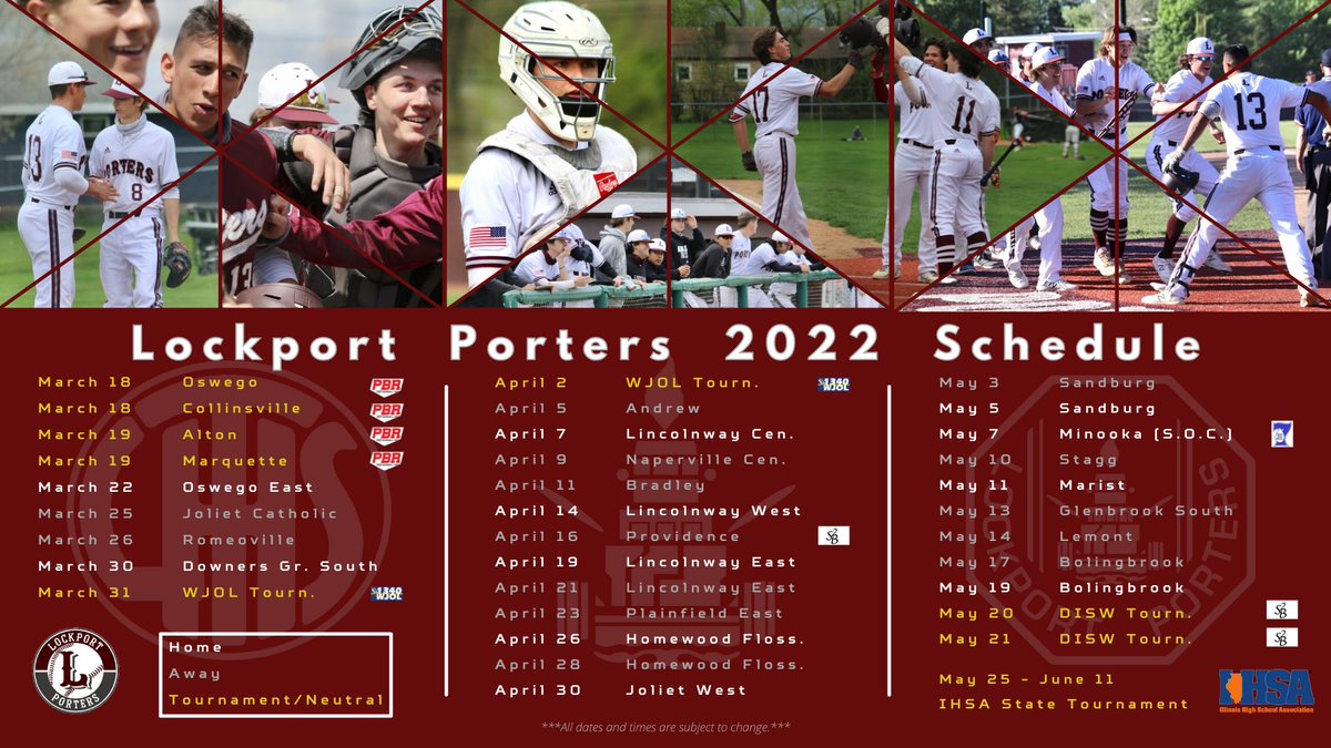 🚨🚨 ATTENTION 🚨🚨 <a href="/PorterBaseball/">Lockport Porters</a> fans! We are very excited to announce our baseball schedule for the 2022 season. We will be competing in the <a href="/prepbaseball/">Prep Baseball</a> Metro East Kickoff Classic, <a href="/1340WJOL/">WJOL News</a> Don Ladas Memorial Tournament, and the <a href="/DISW219/">DoItStevie'sWay219</a> Tournament. #PorterPride