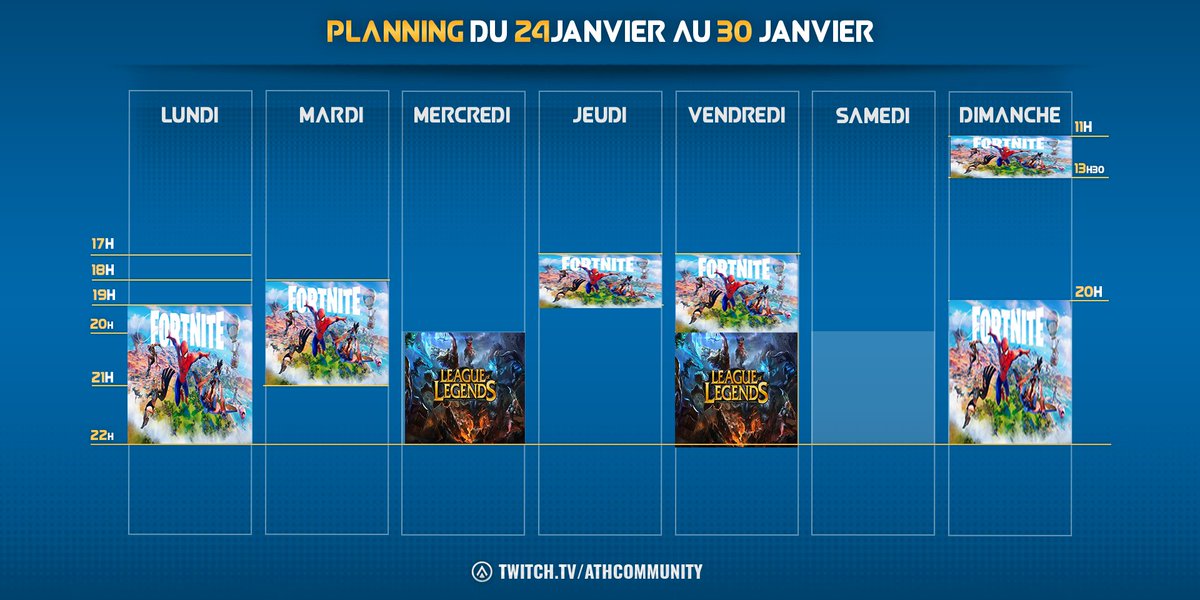 Bonjour à toutes et à tous.
A partir de cette semaine, notre planning de stream s'agrandit !
Voici le planning de la semaine en accueillant deux nouveaux Streamers sur notre #TV #twitch qui streameront sur #fortnite.
Aimez-vous notre contenu?
Bonne semaine 🥰😎
