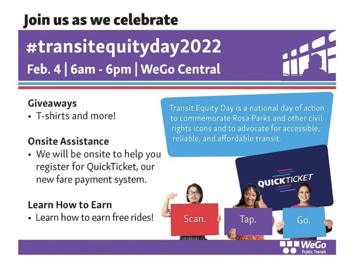 Please join us for Transit Equity Day. Opening remarks will begin at 9am by <a href="/JohnCooper4Nash/">John Cooper</a>. Followed by State Rep. <a href="/haroldlovejr/">Harold M Love Jr.</a> and Councilmember @freddiefornashville, MTA Chair Gail Carr-Williams and WeGo CEO Steve Bland. Learn more by visiting: bit.ly/3FXXXo2.