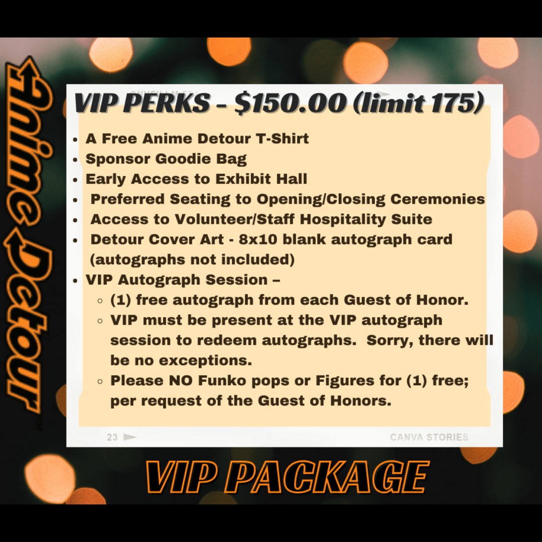 Anime Detour on X: Anime Detour still has VIP tickets available. The price  is $150 and is limited to 175 people. Listed in the post below are the  perks. Don't miss out