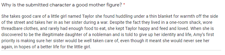 Today’s good mom is Amy Bartlett/Isabella York from Violet Evergarden: Eternity and the Auto Memory Doll! The reason she is a good mom is attached, as it was long and I couldn't really paraphrase it like I normally do for long responses!

(Submitted by @jayhalohai!)
