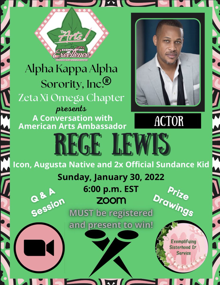 zetaxiomega_aka's tweet photo. Alpha Kappa Alpha Sorority Incorporated®, ZXO Chapter Target IV: The ARTS! invites you to join us for "A Conversation with Rege Lewis." From Augusta to the big screen.  Q &amp; A session &amp; Prizes. 
Register in advance 
https://t.co/xGGlGdSxh4

#AKATheArts #AKA1908 #SignificantSA #ZXO https://t.co/CqGK5LVqcV