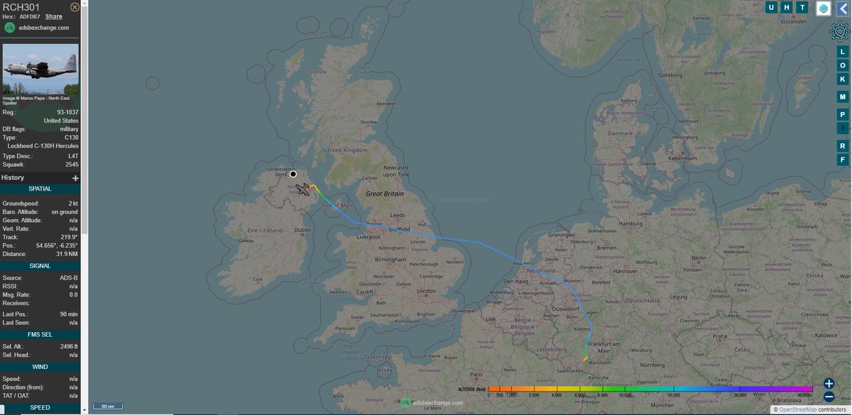 GI7SOB's tweet photo. There was an afternoon arrival into Aldergrove for USAF C-130H Reach 301 arriving in from Ramstein, landing R25:
#ADFDB7 Reach 301 USAF C-130H 93-1037 700AS/94AW ETAR/EGAA https://t.co/a9sYowUv95