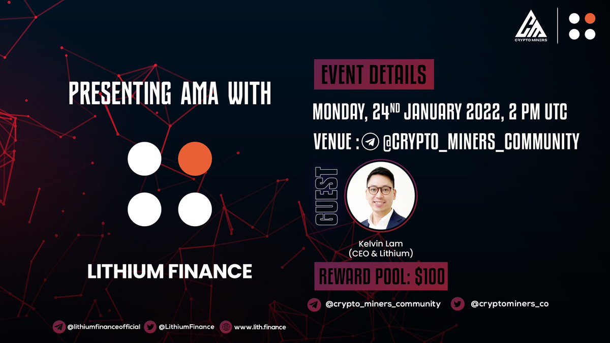 🎙️We're pleased to announce our next #AMA with LITHIUM FINANCE on 24th January at 2:00 PM UTC

💰Rewards Pool: 100$

🏠Venue : t.me/Crypto_Miners_…

〽️Rules:
1⃣ Follow <a href="/Cryptominers_co/">Crypto Miners</a> &amp; <a href="/lithiumfinance/">Lithium Finance | Mainnet Beta LIVE🚀</a>
2⃣ Like &amp; RT
3⃣ Comment Questions &amp; Tag 3 Friends (Max 3 questions)
