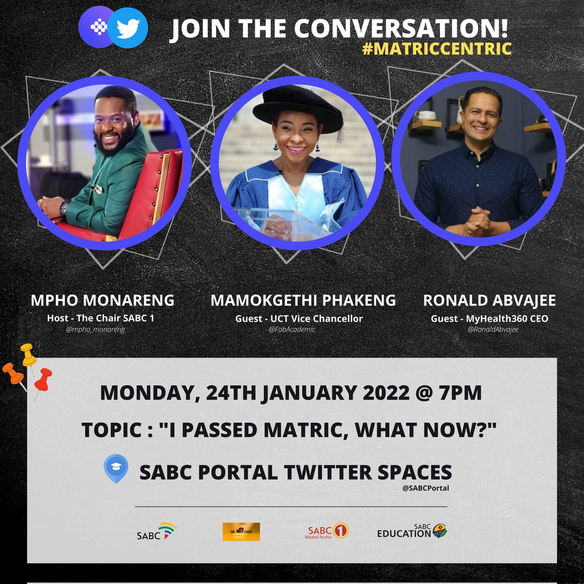 Catch @mpho_monareng, @FabAcademic and @RonaldAbvajee tommorow at 7pm on SABC Twitter Spaces @SABCPortal Topic - ‘’I passed my matric, what now?' Mr. Abvajee will cover mental health while Prof. Phakeng will cover the academics. #TheChairSabc1 #MatricCentric #matric2021