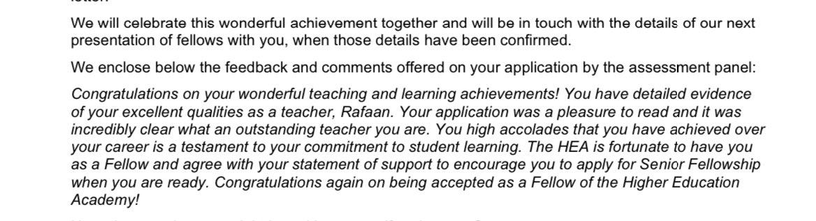 I have just been accepted as a Fellow of the Higher Education Academy!! 🎉 No revisions on my application and wonderful feedback from the assessment panel. What an absolute honour to become a FHEA!