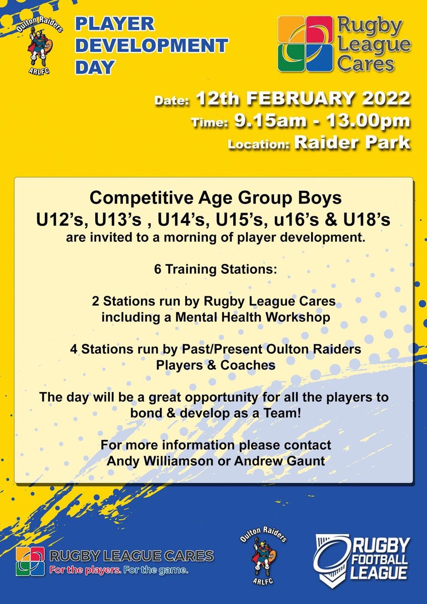 OultonRaiders22's tweet photo. Big day down at Raider Park this Saturday with Rugby League Cares please sign the waivers for the lads to join in this fantastic team day 💙💛 @gaunt_gaunt @andywillo13 have worked hard to put this together for the club 👏🏻👏🏻 https://t.co/fcQ1YiC8rw