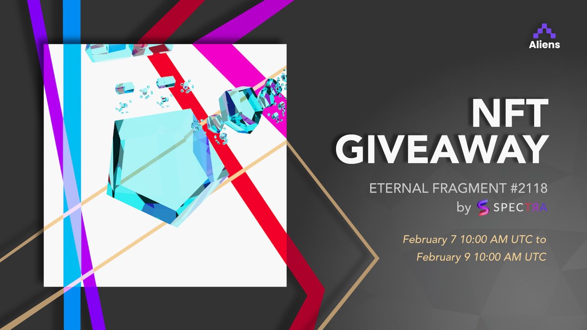 aliensapp's tweet photo. 🚨 NFT GIVEAWAY: 

To celebrate the launching of Shackled by @SpectraArt_NFT– the first general-purpose 3D rendering engine, we are giving away Eternal Fragment #2118.

1. Download Aliens (link in bio)
2. Participate in the giveaway tab
3. Follow the steps there

Good luck! ✨ https://t.co/AqRin3GtsV