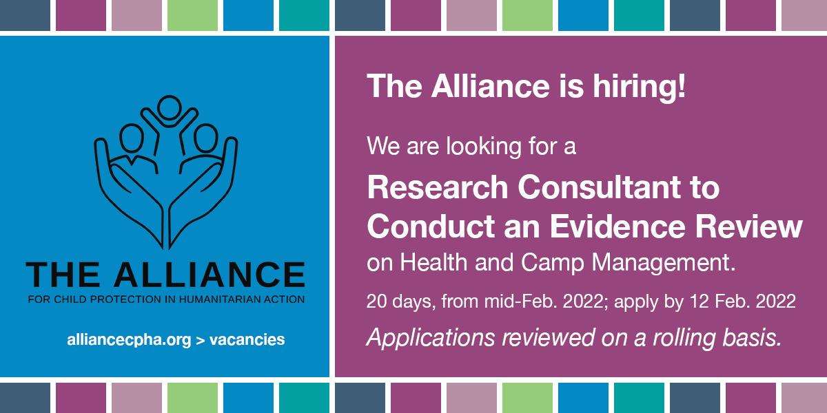CPiE_Global's tweet photo. Still one week to apply! 

Are you an experienced researcher knowledgeable about #ChildProtection, #Health &amp; #CampManagement programming in #humanitarian settings? 

If so, this #consultancy with the Alliance @CPiE_Global may interest you

More https://t.co/Jf4aYk7sqo…

#Jobs https://t.co/4lmQtVSUdo