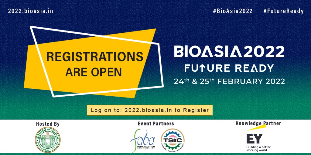 BioAsia 2022 is open for registrations now!
Register on: bioasia2022.streamy.in/register
#BioAsia2022 #FutureReady
#Registrationopen #Registerforfree
@MinisterKTR @jayesh_ranjan @ShakthiNagappan @TS_LifeSciences @Biofaba3 @TSIICLtd @EY_India