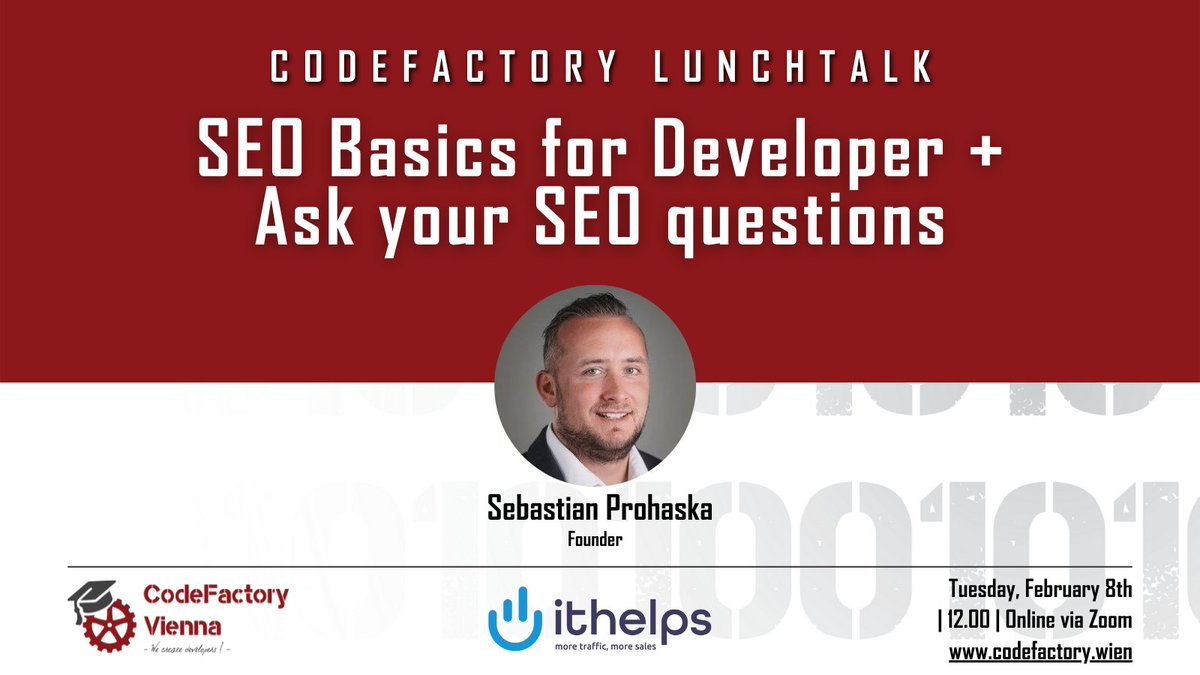 CodeFactoryVIE's tweet image. CodeFactory Lunchtalk 🗣
We are already excited for our CodeFactory Lunchtalk at 12.00 tomorrow with Sebastian Prohaska (@ ithelps)!
#lunchtalk #codefactory #it #developers #seo #onlinemarketing