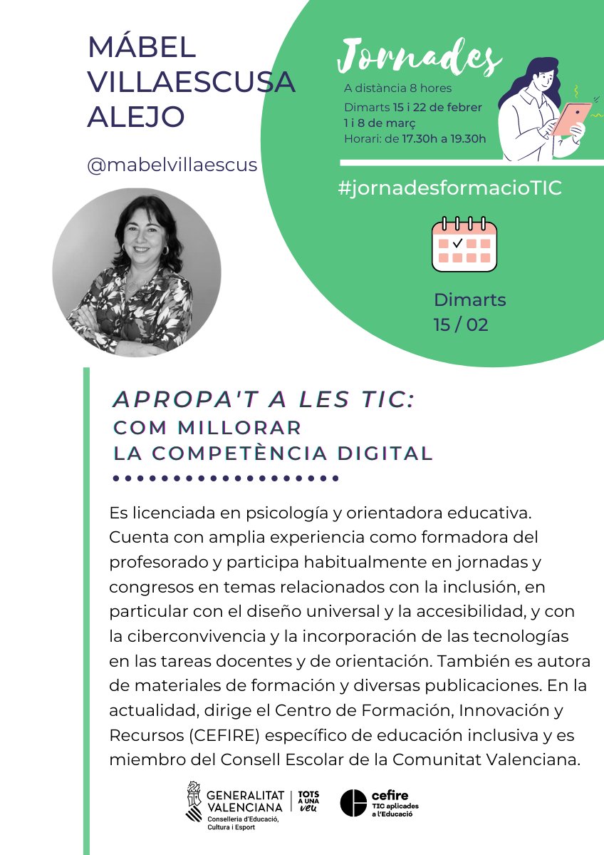 "EdTech: Les TIC aplicades a l'educació" de @jornetAnton i "Facilitant la inclusió amb les tecnologies" <a href="/mabelvillaescus/">mábel villaescusa</a> obriran les II Jornades Apropa't a les TIC.
🗓 15/02/2022 17:30
🔗+ info: cutt.ly/tInjF17
📝 cutt.ly/DInjXth 
#jornadesformacioTIC