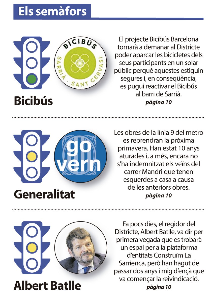 Nous semàfors al #LíniaSarrià. Un de verd per al <a href="/bicibusbcn/">Bicibús Sarrià (BCN) #XarxaBicibus</a>, que vol reactivar-se a #Sarrià; un de taronja per a la Generalitat i els 10 anys amb les obres de l'#L9 del metro aturades; i un altre de taronja per a Albert Batlle, regidor del Districte. | <a href="/AVSarria/">A.V.Sarrià</a> <a href="/ConstruimLa/">Plataforma Construïm la Sarrianenca</a>