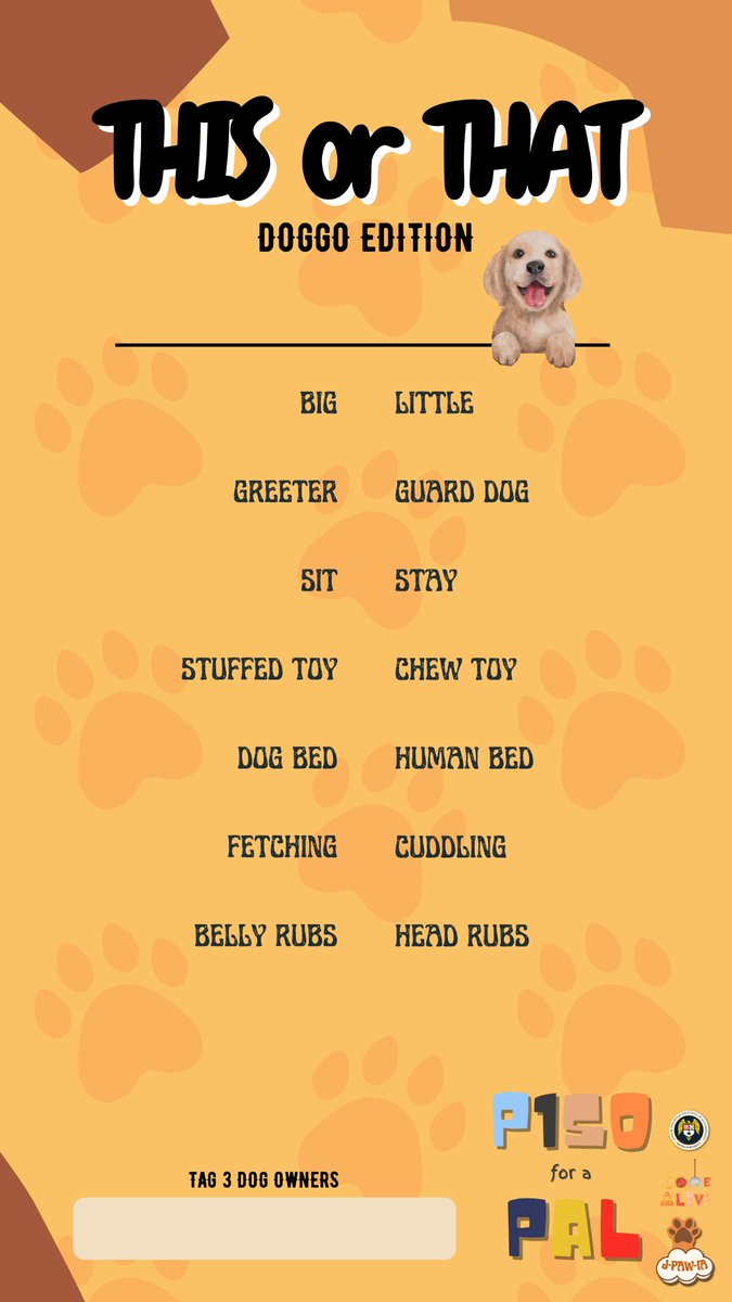 xuseo_jpawia's tweet photo. Paw-esome afternoon, jPAWians! 🐾  

We are inviting all to join us in another episode of our fun games. For today, we have “This or That” Cat and Dog version. Let’s see what we have in common, jpawians 😉 See you in IG! 🐱🐶 

#JPAWIA #CauseForPAWS https://t.co/bcyxpUhjzZ