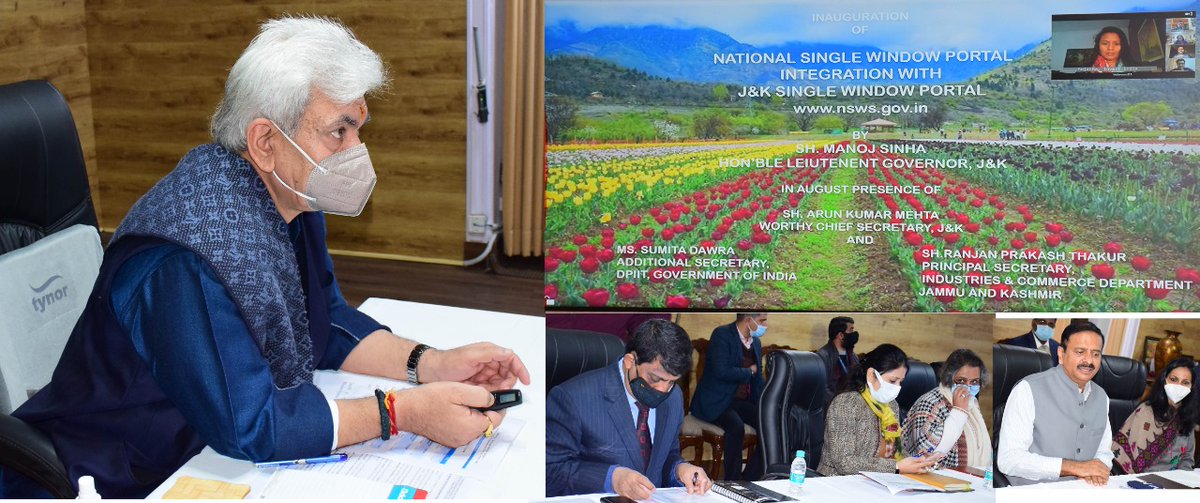 OfficeOfLGJandK's tweet photo. Today launched J&amp;K Single Window Portal- https://t.co/mADKOsM9vX and its integration with National Single Window system. 130 industrial services have been made online on single window system and more than 160 services would be integrated this year. https://t.co/SV5hXjYgNc