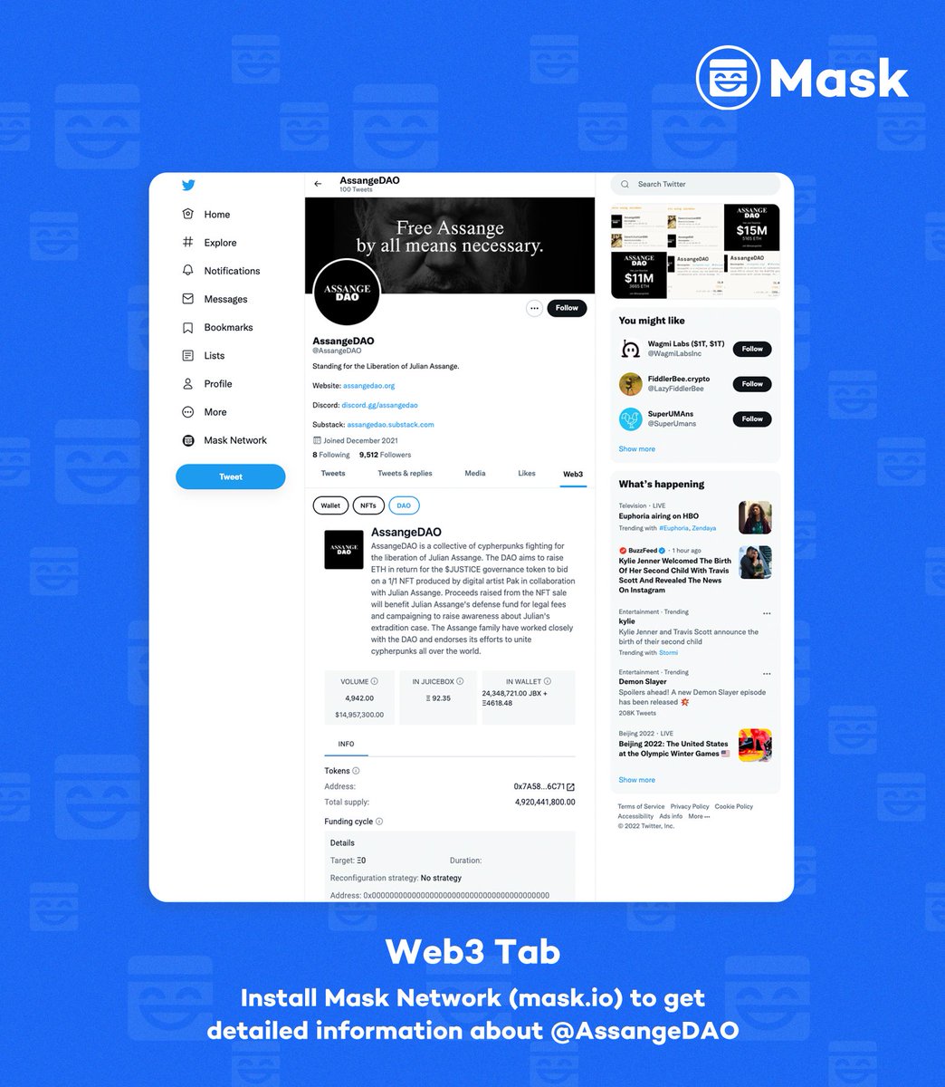Install Mask Network (from mask.io) to check out detailed information about <a href="/AssangeDAO/">AssangeDAO</a> (currently the largest JuiceBox DAO raise in history) without leaving their Twitter page!

*Powered by <a href="/juiceboxETH/">Juicebox Protocol | Program your project's money</a>