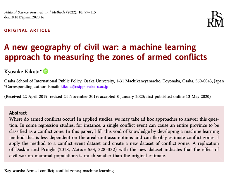 PSRMJournal's tweet photo. #Vol10Iss1 | #PSRM10 | Where do armed conflicts occur? K.Kikuta provides an answer by developing a machine learning method that is less dependent on area-unit assumptions and flexibly estimates conflict zones 

#FreeAccess until the end of February: 

👉https://t.co/EnmLIlwghQ https://t.co/Ef1LBHqZYT
