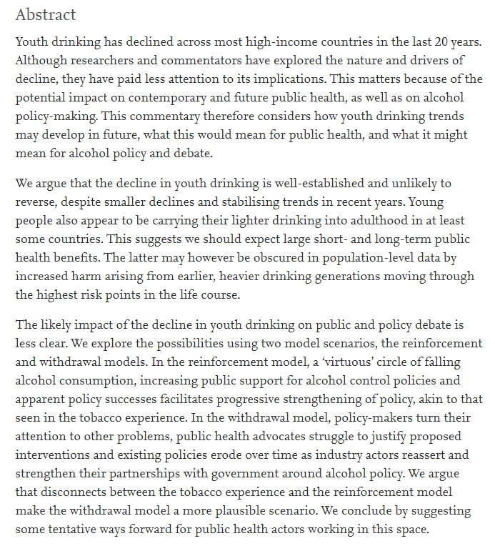 **NEW SARG PAPER** Youth drinking in decline: What are the implications for public health, public policy and public debate? 

doi.org/10.1016/j.drug…