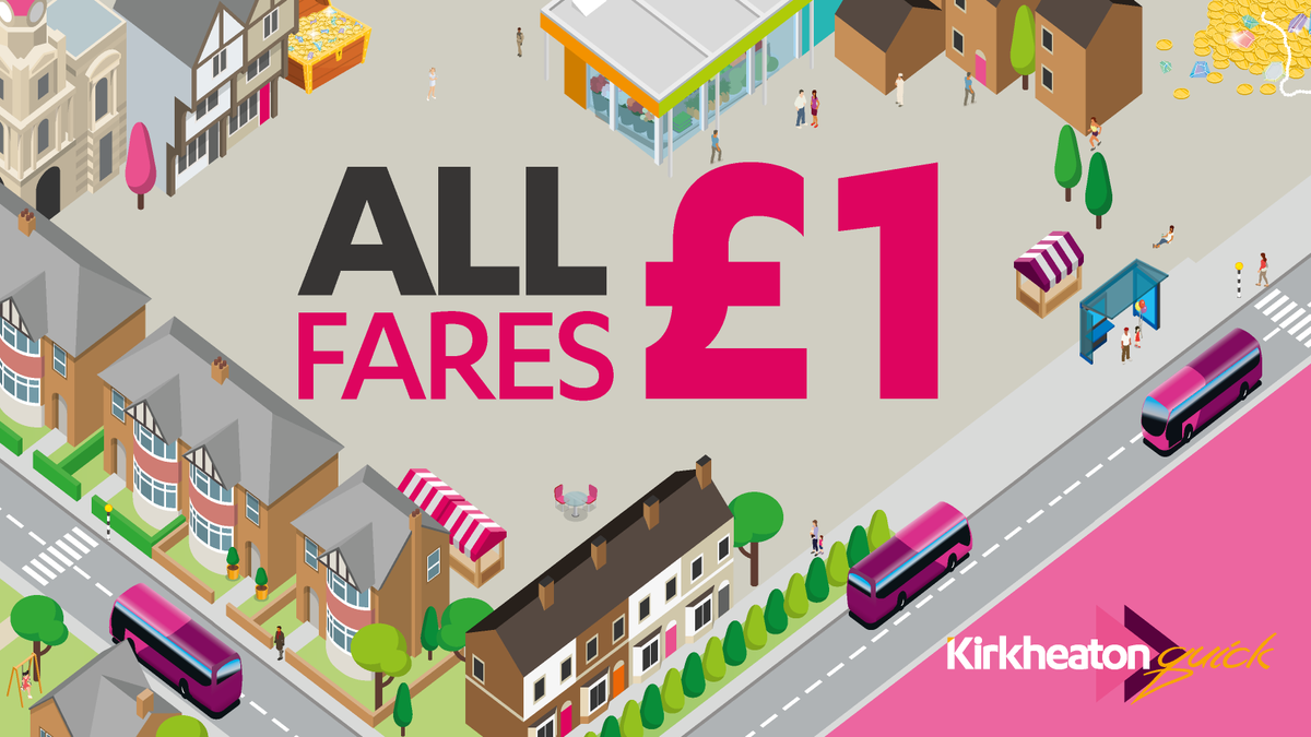 TeamPennine's tweet photo. 🚍 ANY DAY, ANY TIME!
🤑 £1 single fares anywhere on #KirkheatonQuick, your new bus into Huddersfield.
💸 Just come on board, pay £1 cash or contactless.
ℹ️ Times & stops > https://t.co/KjVkLNXtXA https://t.co/djHU5LCg2d