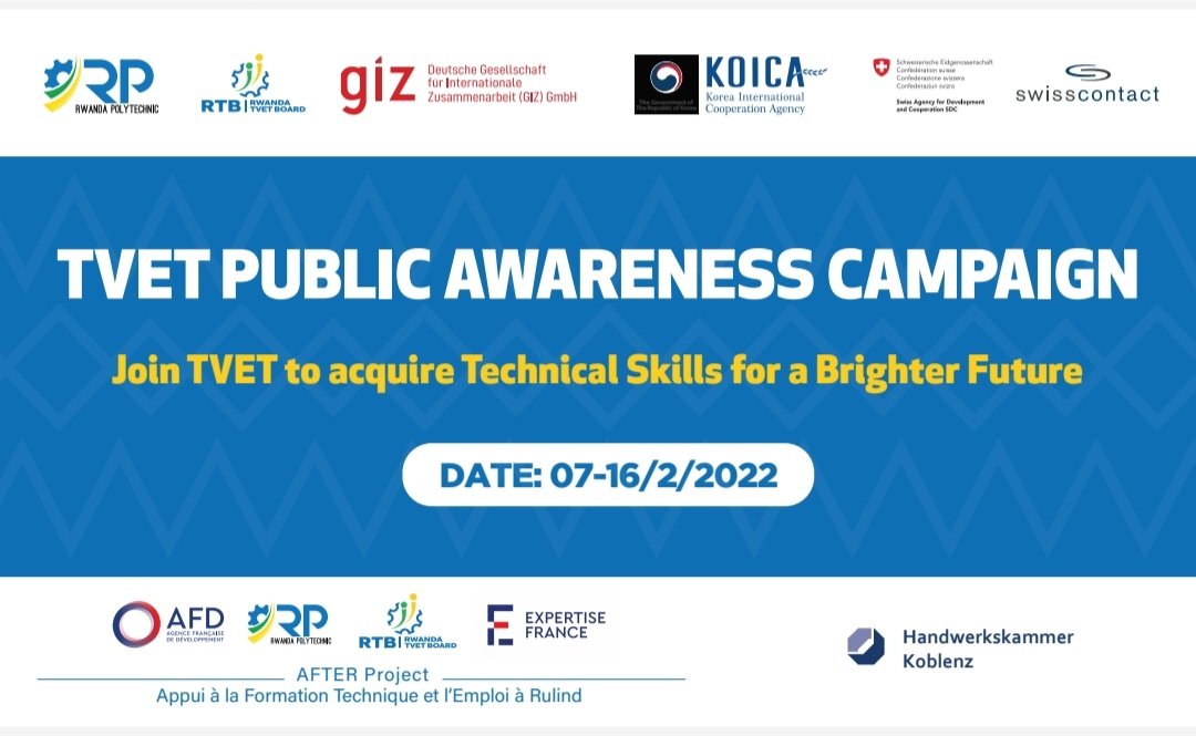 Rwanda TVET Board (@rtb_rwanda) on Twitter photo From 7-16/2/2022, RTB in collaboration with <a href="/RwandaPolytec/">Rwanda Polytechnic</a> and Development Partners will be conducting the #TVET public awareness campaign aimed at rebranding TVET and creating a mind-set shift on TVET perception among the Rwandan youth and the society in general. From 7-16/2/2022, RTB in collaboration with <a href="/RwandaPolytec/">Rwanda Polytechnic</a> and Development Partners will be conducting the #TVET public awareness campaign aimed at rebranding TVET and creating a mind-set shift on TVET perception among the Rwandan youth and the society in general.