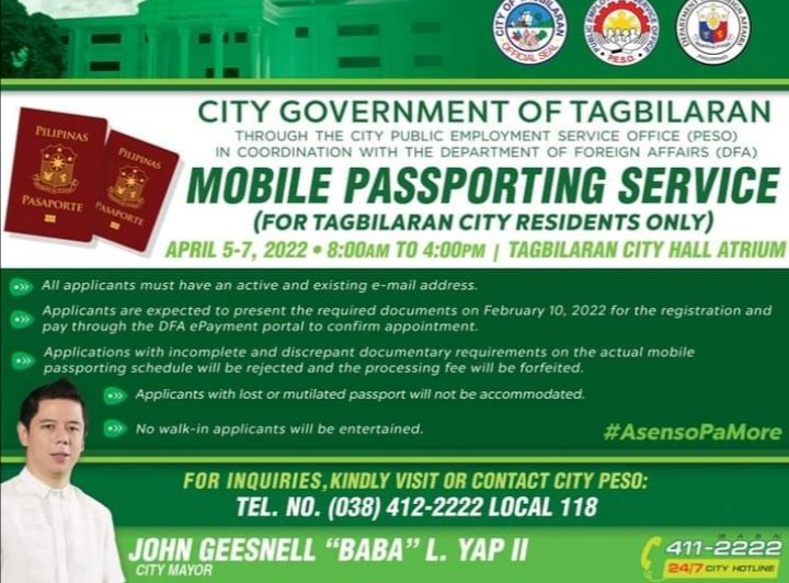 Mobile Passporting Service para sa Tagbilaran City residents. April 5-7, 2022. #AsensoPaMore