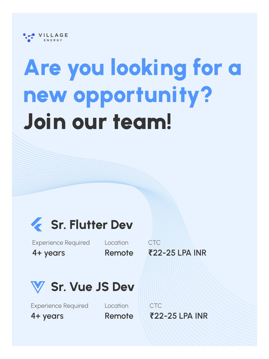#HiringAlert We at Village Energy are looking to expand our tech team with 2 stellar senior devs to help us build the future of smart energy consumption. Roles: Sr. Flutter Dev and Sr. Vue JS Dev Location: Remote CTC: 22-25 LPA INR #flutterjobs #vuejs #hiringpost #remotejob