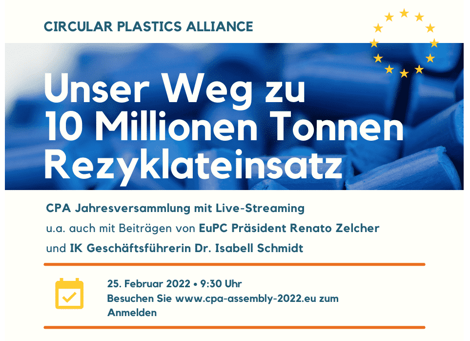 Unser Weg zu 10 Mio. t #Kunststoff-#Rezyklat-Einsatz: Infos dazu am 25.2. bei Jahresversammlung der #CircularPlasticsAlliance u.a. mit #EU-Kommissar <a href="/ThierryBreton/">Thierry Breton</a> + <a href="/ZazaSchmidt/">Isabell Schmidt</a> von @IK_Verband  newsroom.kunststoffverpackungen.de/2022/02/07/uns… @PlasticsEuropeD <a href="/EuPCplastics/">EuPC</a> <a href="/pcepeu/">PCEP</a> #Kreislaufwirtschaft