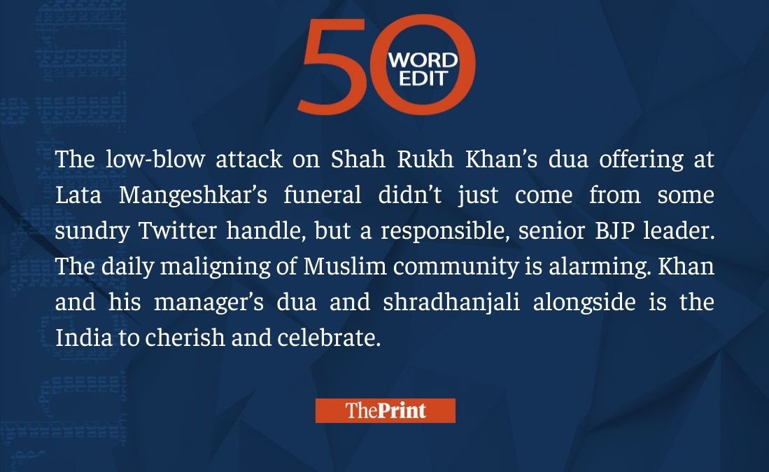 Our #50WordEdit on Shahrukh Khan at Lata Mangeshkar’s cremation