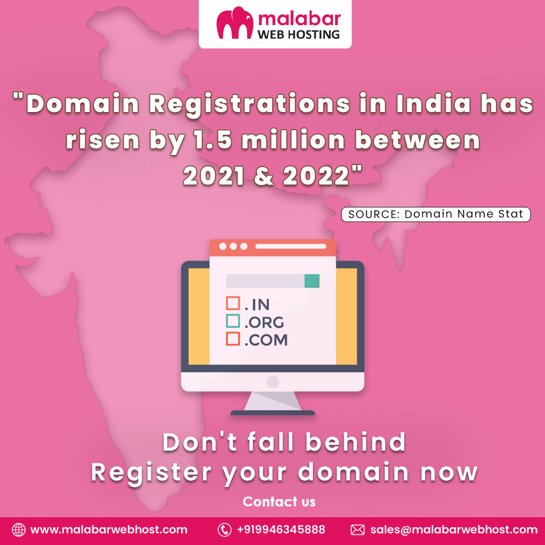 malabar_webhost's tweet photo. Stats show an increase of 1.5 million new domain registrations in India between January 2021 and 2022. This indicates that more websites are going online. So, register your domain before someone else takes it. Contact us now and get your desired domain name right away. https://t.co/dcEM9R6tdq