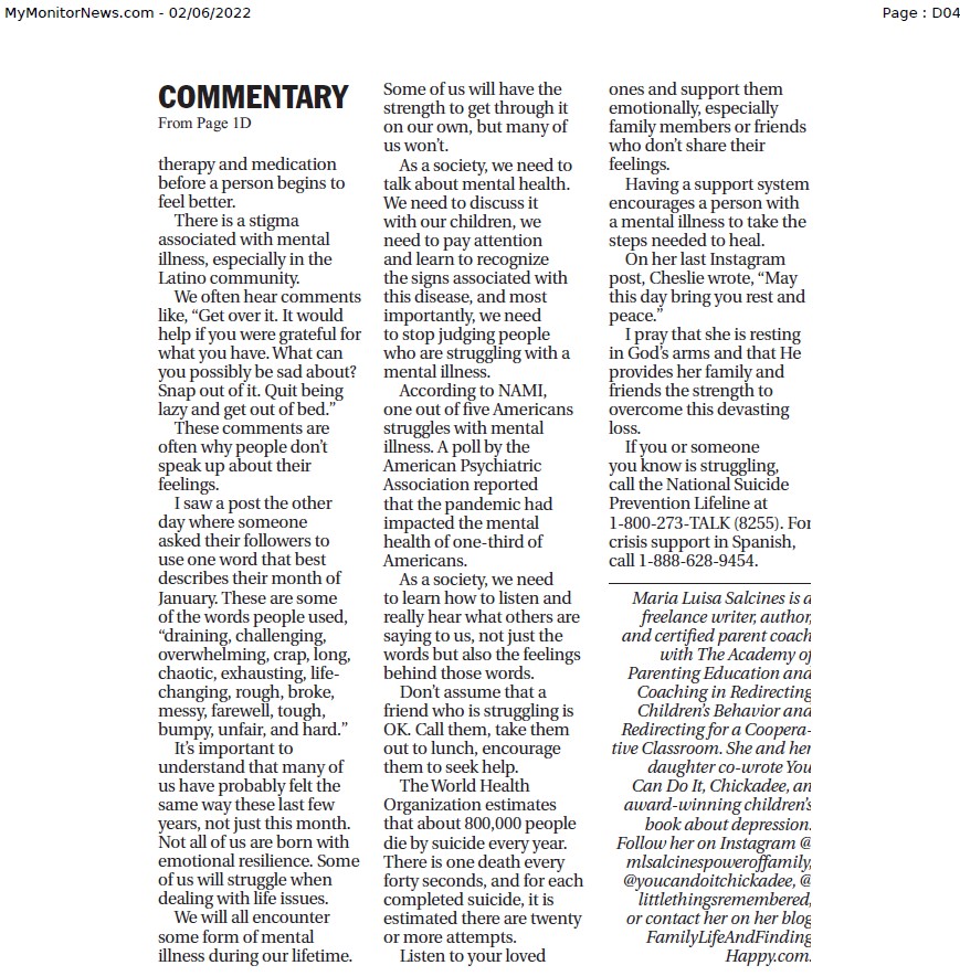 CHRISTINEARDIS's tweet photo. This column by @PowerOfFamily was in today's edition of @monitornews . It should be required reading for all #lawenforcement #attorneys #judges #schoolemployees and the community at large. It is a POWERFUL piece about #mentalillness #mentalhealth . #CheslieKryst https://t.co/JFAdYi87Jf