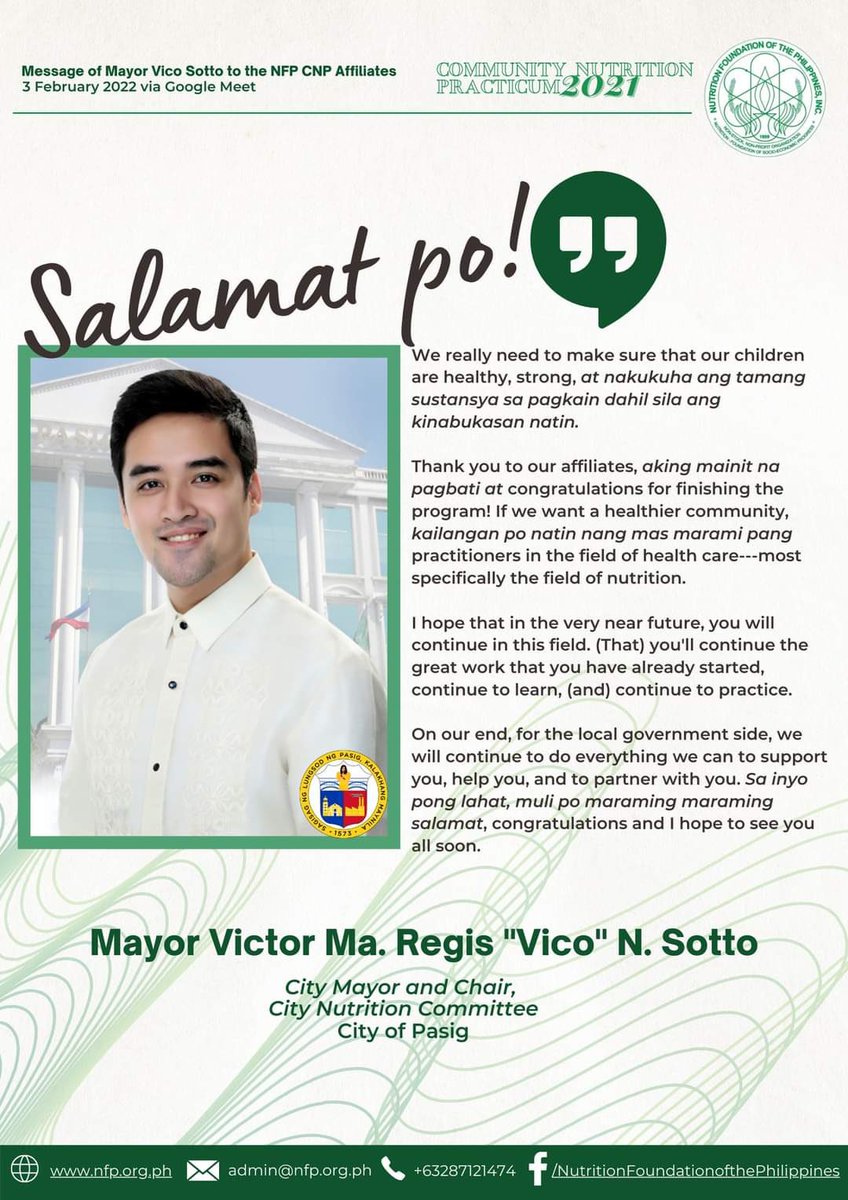 vicosiety's tweet photo. Check out the message of City Mayor and Chair of Pasig City Nutrition Committee to our NFP CNP affiliates last February 3, 2022. 

Credits to: Nutrition Foundation of the Philippines. 

#CNP2021 https://t.co/WZPTPuG03O