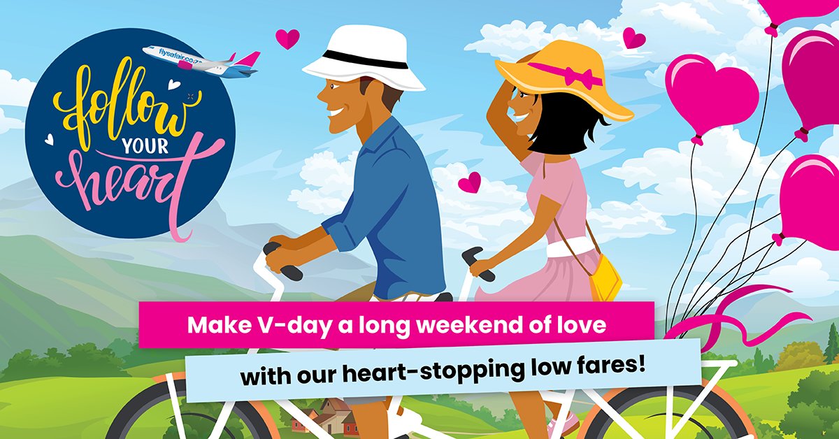 FlySafair's tweet photo. Valentine’s Day falls on a Monday this year, so why not make it a long weekend of love and whisk away that someone special. With fares from just R522﹡ you can follow your heart to your favourite romantic destination!

Book now at https://t.co/WHR2Gnrr18

﹡T's and C's apply https://t.co/FA9mbdCoSC