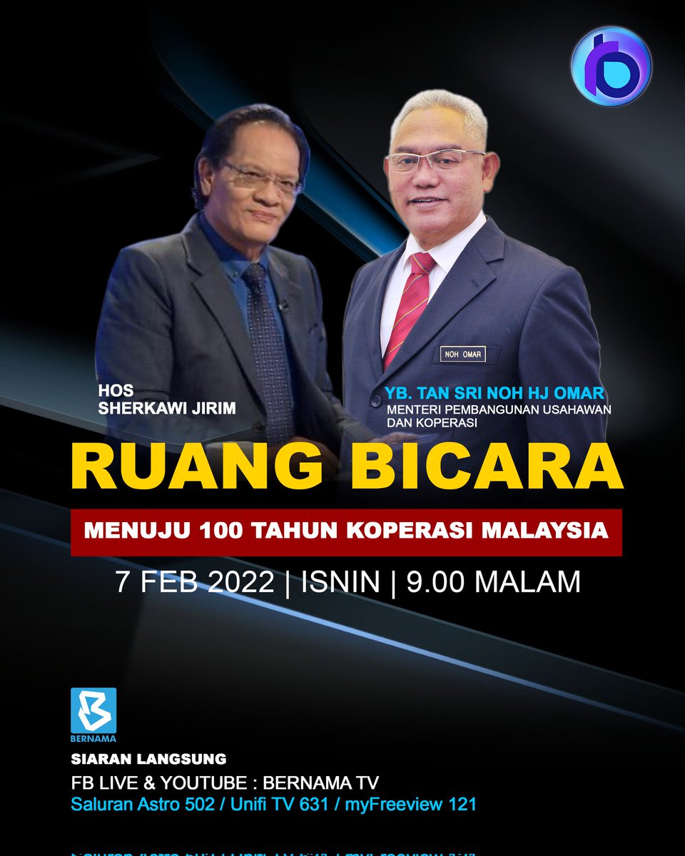 Saksikan sy jam 9 mlm ini dalam Ruang Bicara dengan topik Menuju 100 Tahun Koperasi di Malaysia melalui saluran Astro 502 / Unifi TV 631 / myFreeview 121
FB LIVE & YOUTUBE : BERNAMA TV
#MEDACPrihatin #MEDAC #BangsaUsahawan #KeluargaUsahawan #KeluargaMalaysia #BekerjaBersamaRakyat