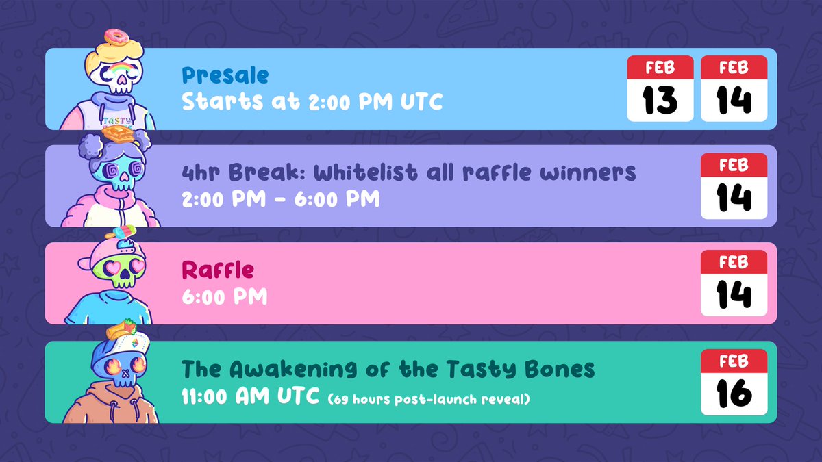 你们要的我都去舔系列:
🦴庆祝TastyBones 公布日程 现抽2个WL！！🦴
🧙‍♂️关注<a href="/DekuKing1/">0x易经</a> 
🧙‍♂️关注<a href="/TastyBonesNFT/">Tasty Bones ☠️</a> 
🧙‍♂️ 喜欢此评论和转发@三位好友。
由于临近MINT 所以时间只有12小时！
#NFT #NFTGiveaway