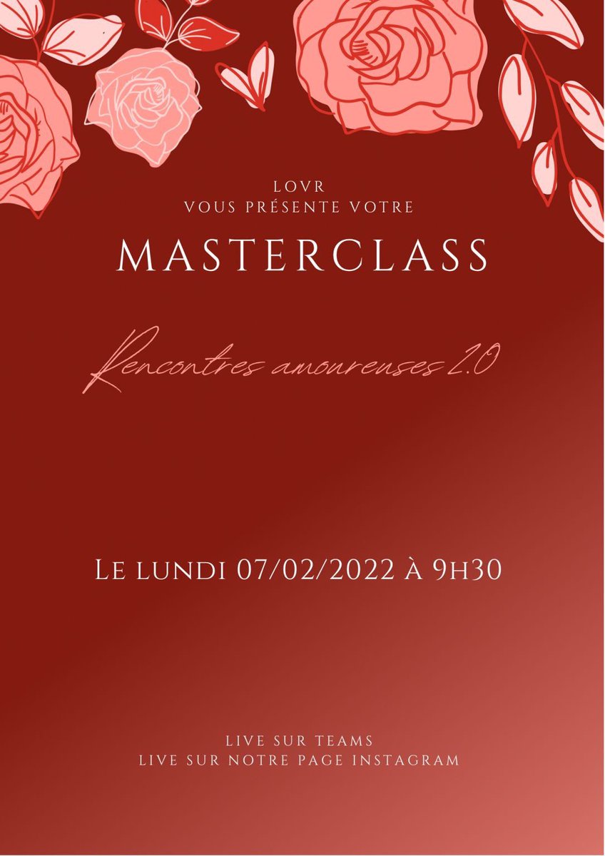 C’est le jour J 💙

De l’amour courtois à l’uberisation de l’amour : comment la rencontre amoureuse a évolué avec son temps ? 📲

🗓 RDV aujourd’hui à 9h30 en #LIVE sur notre page Instagram @lovr_paris pour tous et sur notre canal Teams pour nos camarades du #MBADMB #LOVR