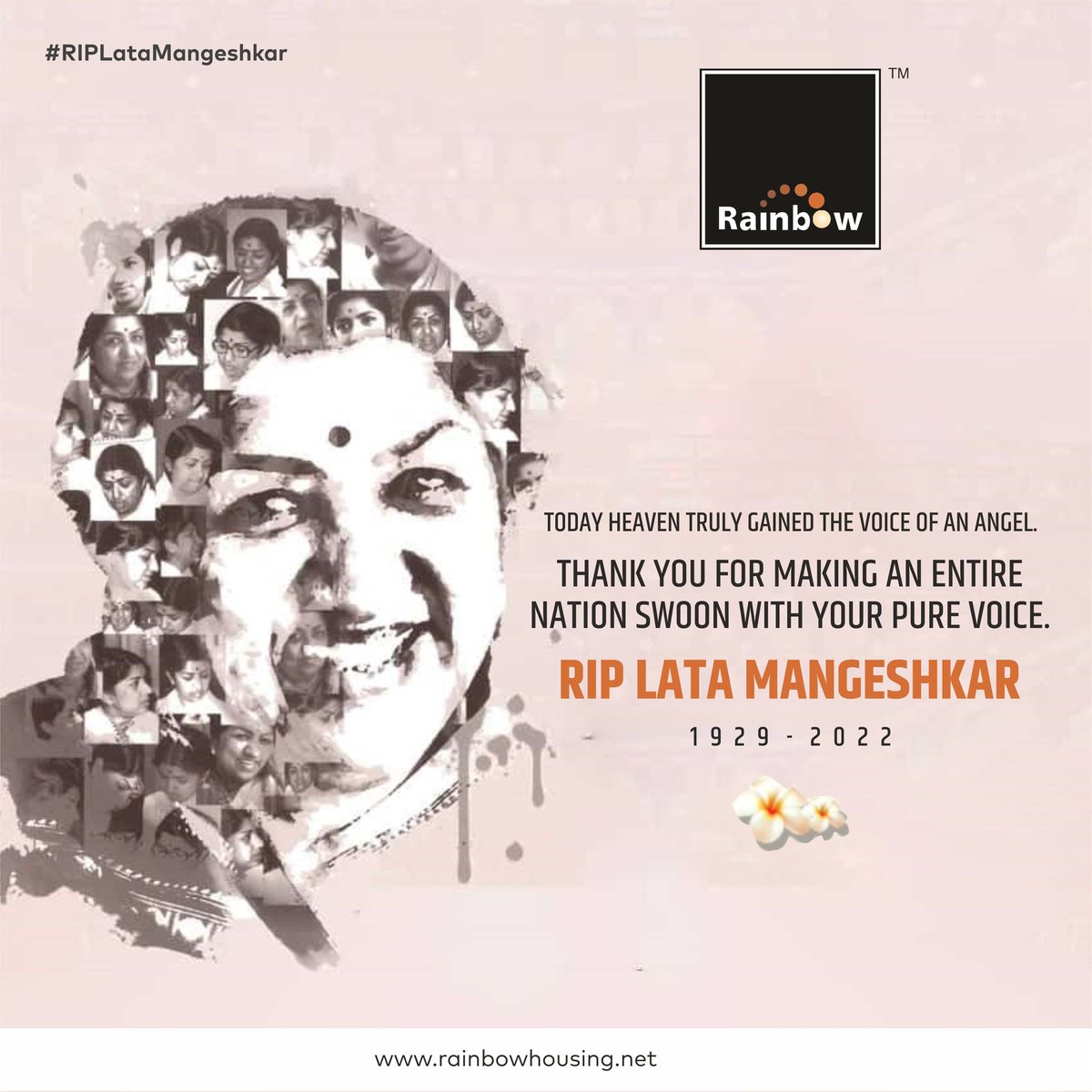 rainbowpune's tweet photo. 𝐑𝐈𝐏 𝐋𝐚𝐭𝐚 𝐌𝐚𝐧𝐠𝐞𝐬𝐡𝐤𝐚𝐫
Today heaven truly gained the voice of an angel. Thank you for making an entire nation swoon with your pure voice

#LataMangeshkar #nightingaleofindia #queenofmelody #RainbowHousing #PebblesII #PebblesUrbania #Westport #Pune https://t.co/xcdgGfPWrr